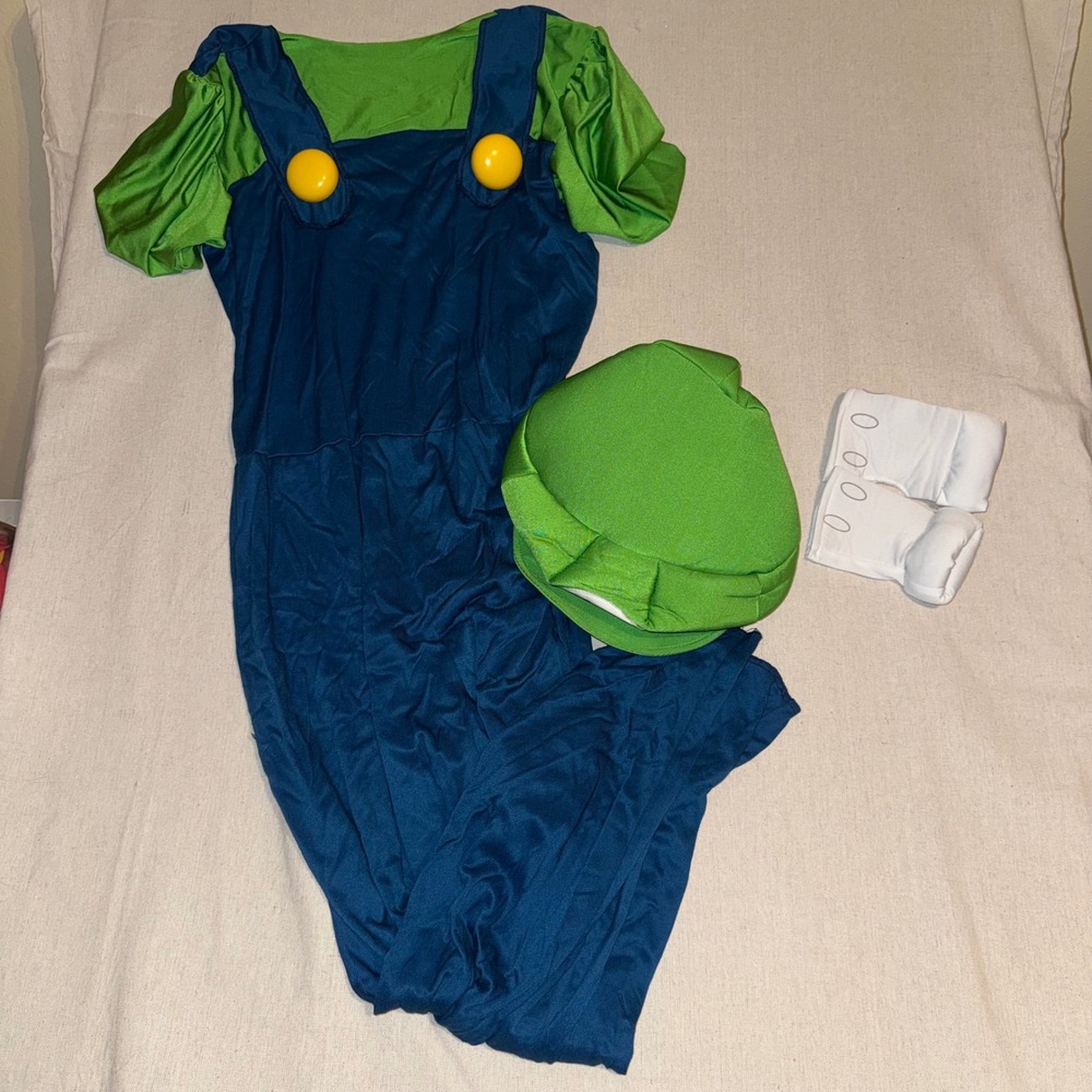 Super Mario Luigi Deluxe Adult Costume Plus Size XL 18-20 Jumpsuit Hat Gloves